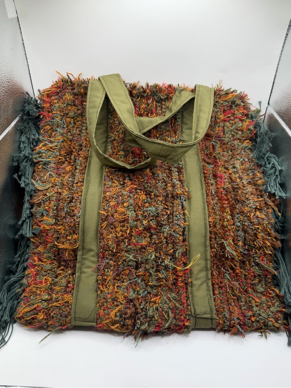 Boho Textured Woven Fringe Tote Bag Multicolor Artisan Shoulder Bag